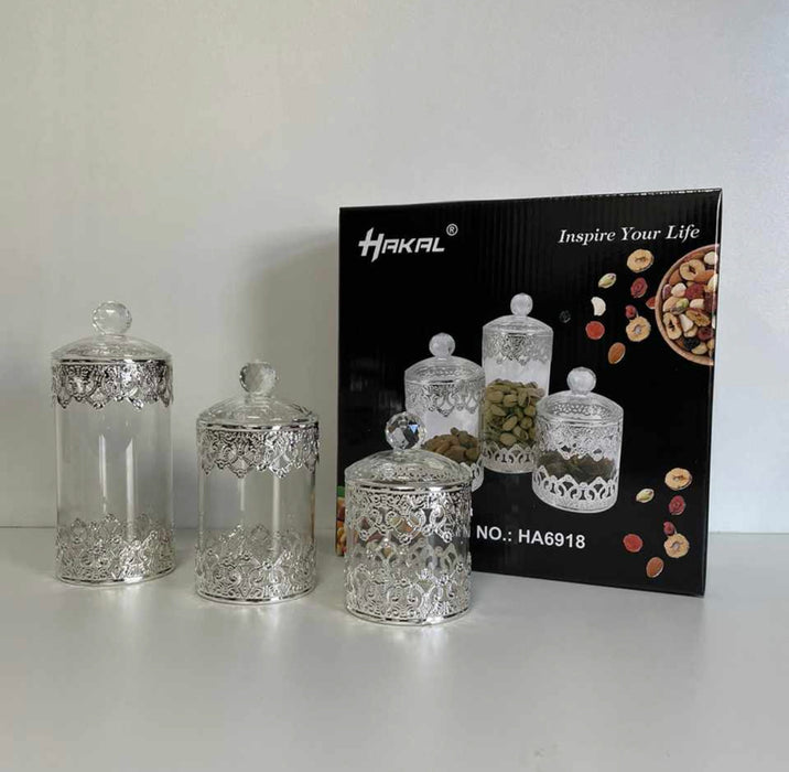 Opbergpotjes,glazen voorraadpotjes, glazen voedselpotjes zilver(3 stuks )