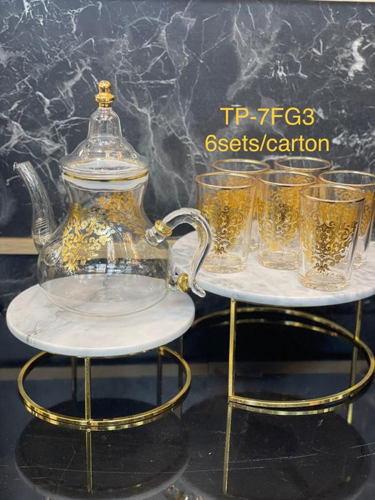 Glazen theepot 1,5L + 6 theeglazen , goud (7delig)
