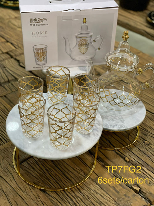 Glazen theepot 1,5L + 6 theeglazen , goud (7delig)