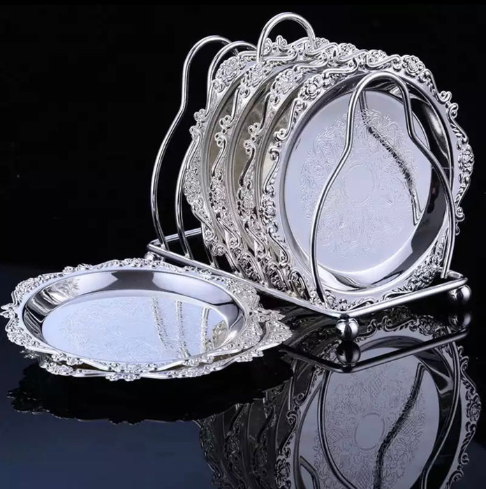 onderzetters met houder zilver- 6 stuks